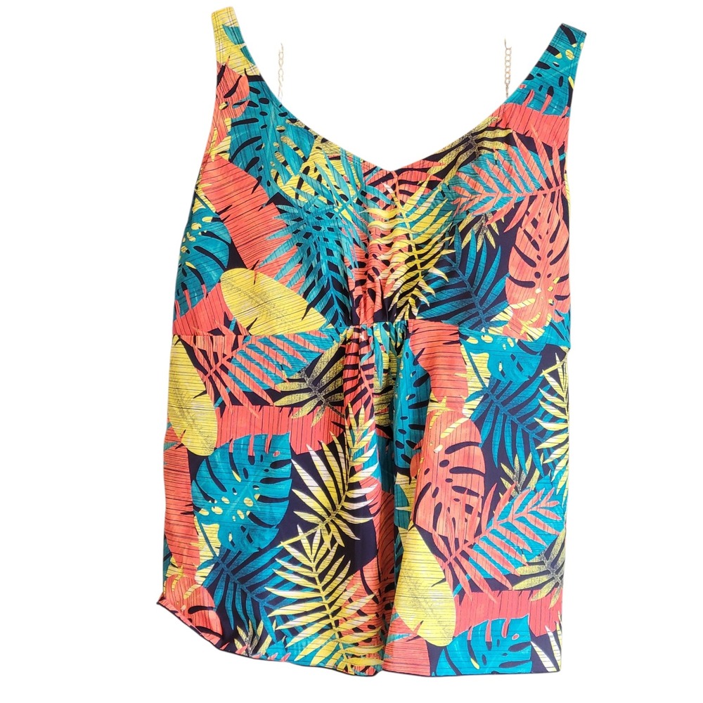 LL Bean Womens Tankini Top 24W Plus Tropical Palm Swim Blue‎ UPF 50+ Top Only